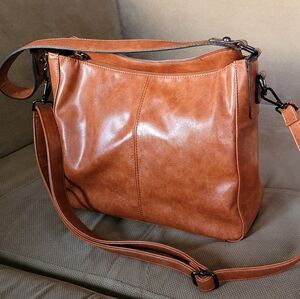 Elegant Cognac Vegan Leather Shoulder Bag/ Cross Body good Condition